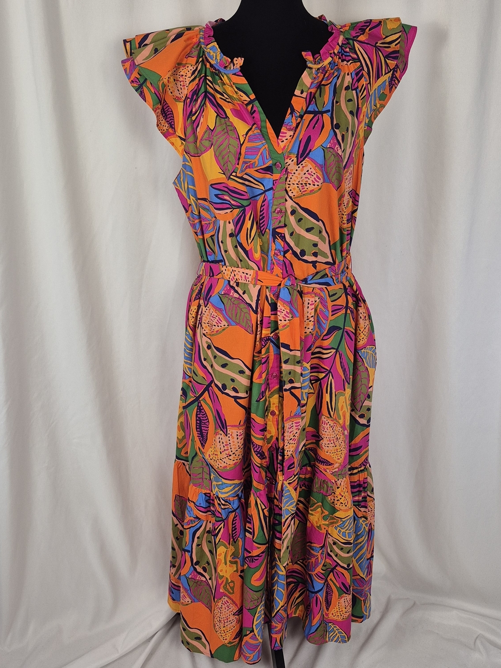Sugarlips Milana Full-Button Tropical Print Tiered Cotton Midi Dress - Size L - Picture 5 of 15